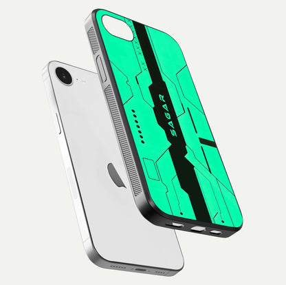 Aqua Tech CYBERPUNK Custom Name Glass Case for iPhone 16e floating mockup highlighting name customization area
