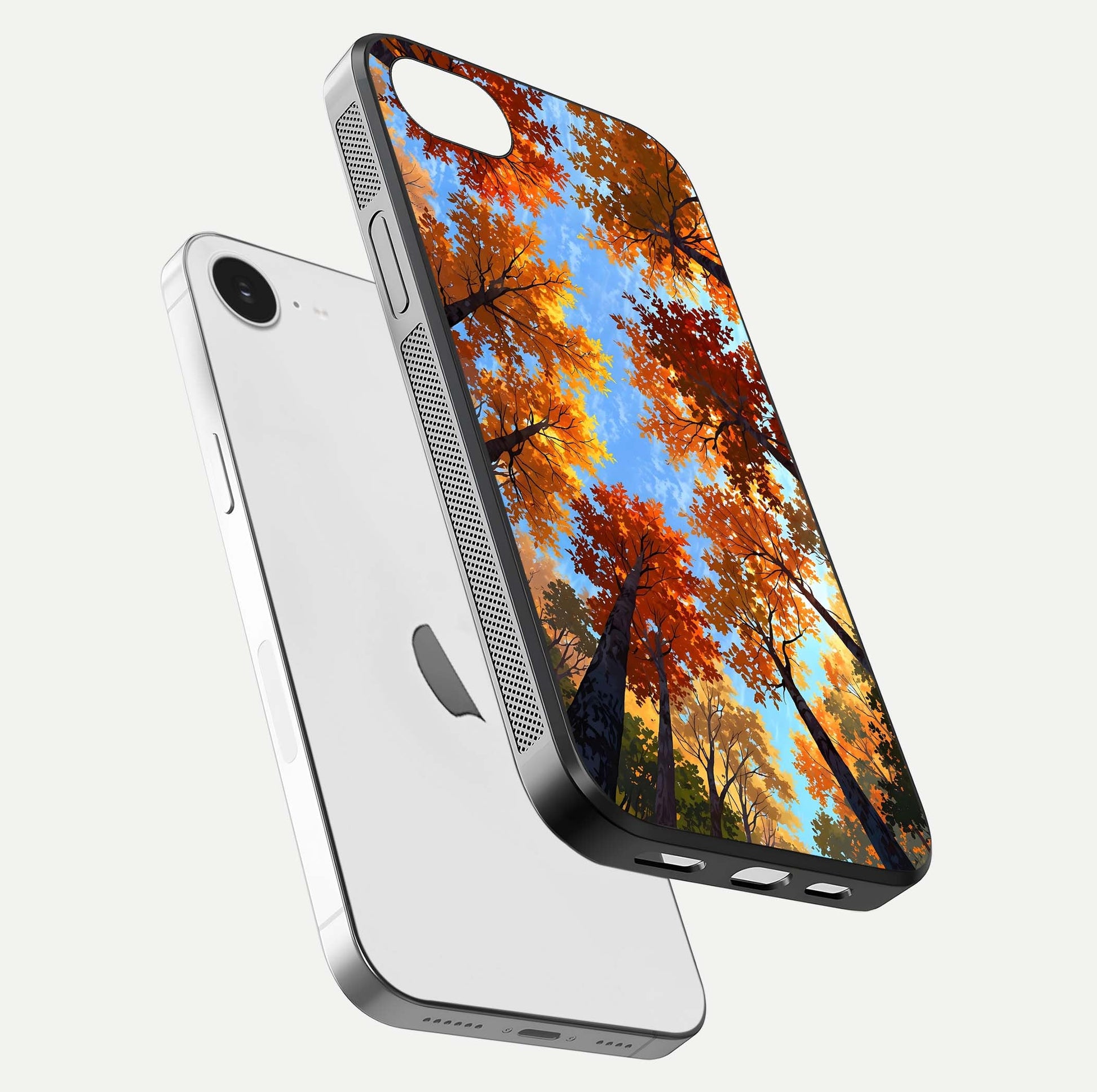 Autumn Sky Rise Glass Case for iPhone 16e floating dual-view mockup with sky horizon and glossy highlights