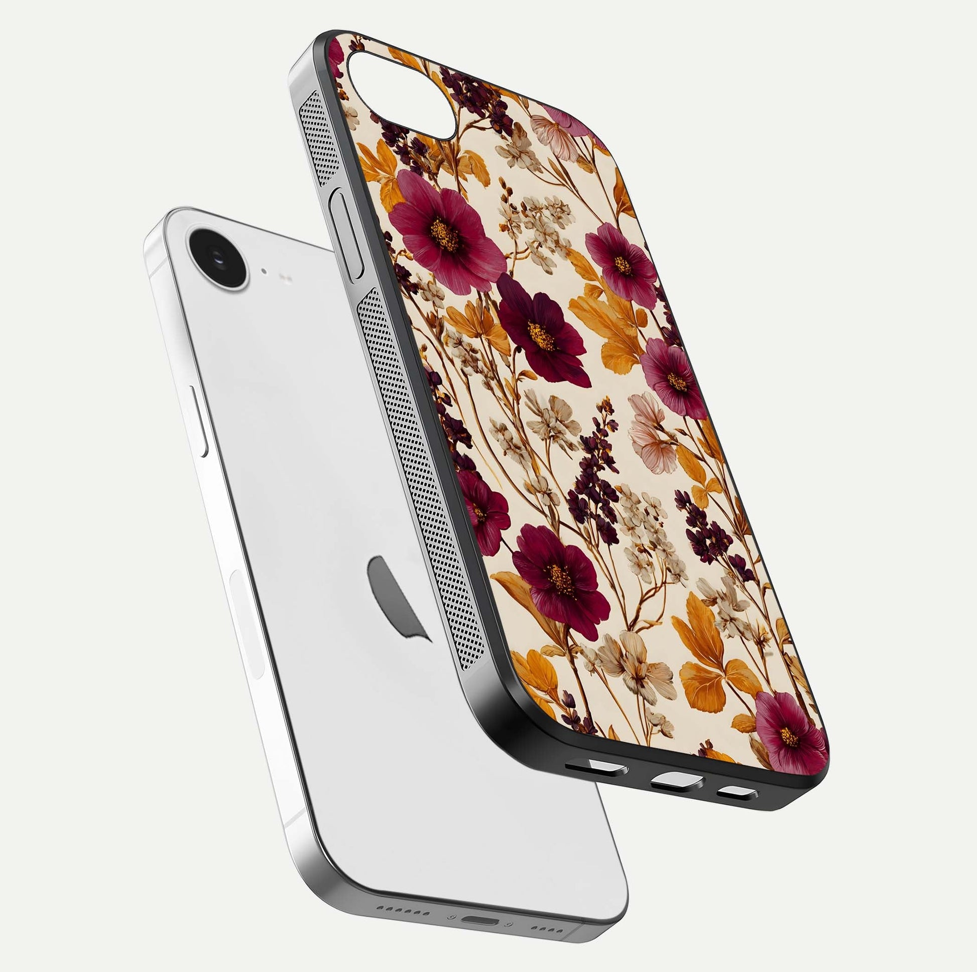 Autumn Wine Bloom Glass Case for iPhone 16e floating mockup with premium floral gradient and protection edge