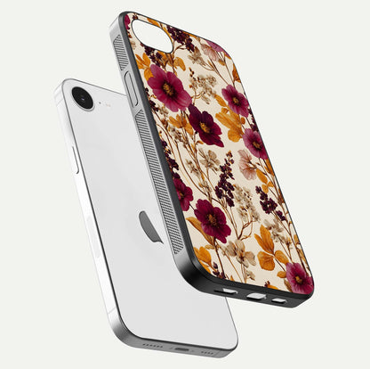Autumn Wine Bloom Glass Case for iPhone 16e floating mockup with premium floral gradient and protection edge