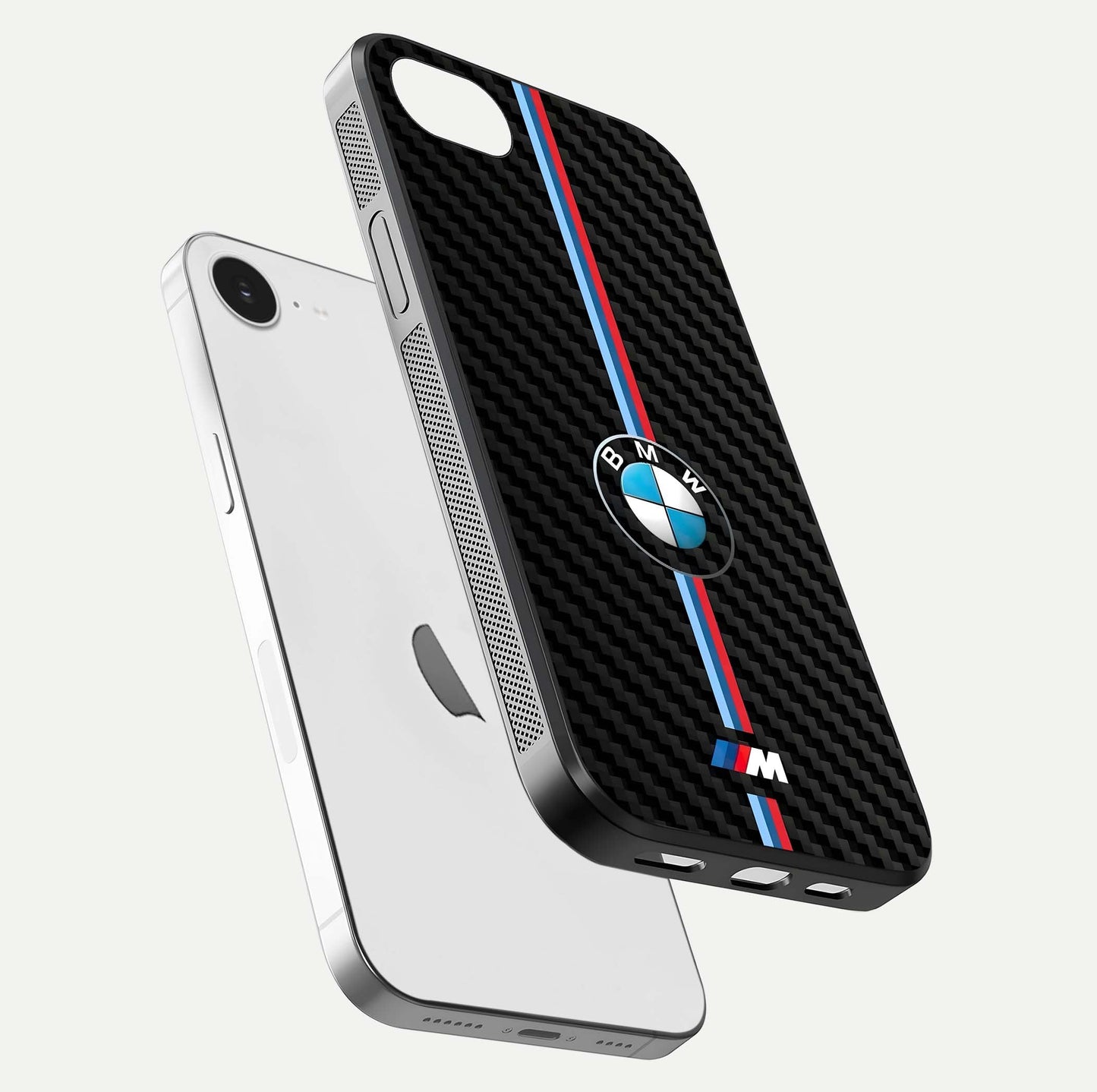 BMW Pattern Glass Case for iPhone 16e floating mockup highlighting clean lines and metallic accent reflection