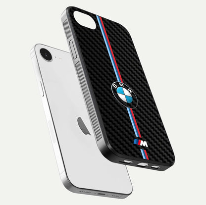 BMW Pattern Glass Case for iPhone 16e floating mockup highlighting clean lines and metallic accent reflection