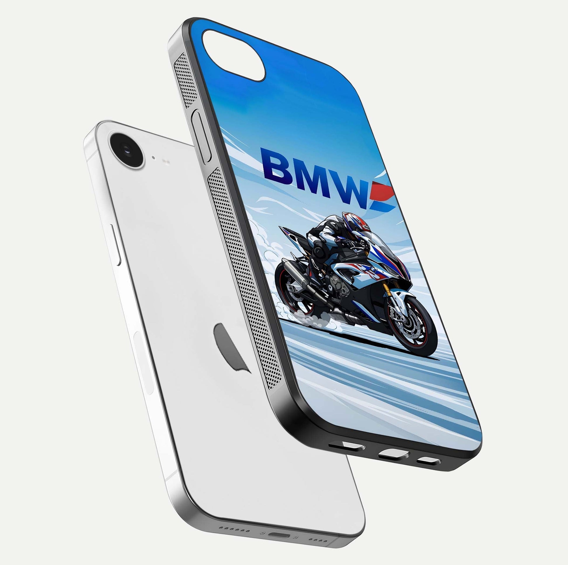 BMW Power Drift Glass Case for iPhone 16e floating mockup displaying bold drift artwork and glossy polish