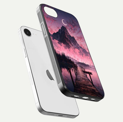 Beautyful Mountain View Glass Case for iPhone 16e floating dual mockup showing edges and reflective sky print