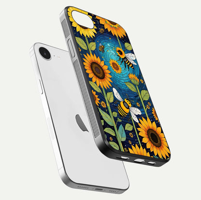 Bees & Sunflowers Glass Case for iPhone 16e floating dual-view mockup displaying vibrant yellow tones and gloss texture