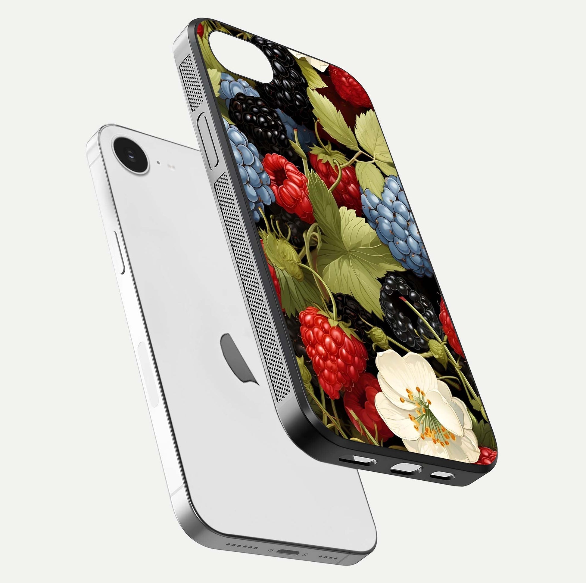 Berry Bloom Charm Glass Case for iPhone 16e floating mockup capturing glossy reflection and curved-edge finish