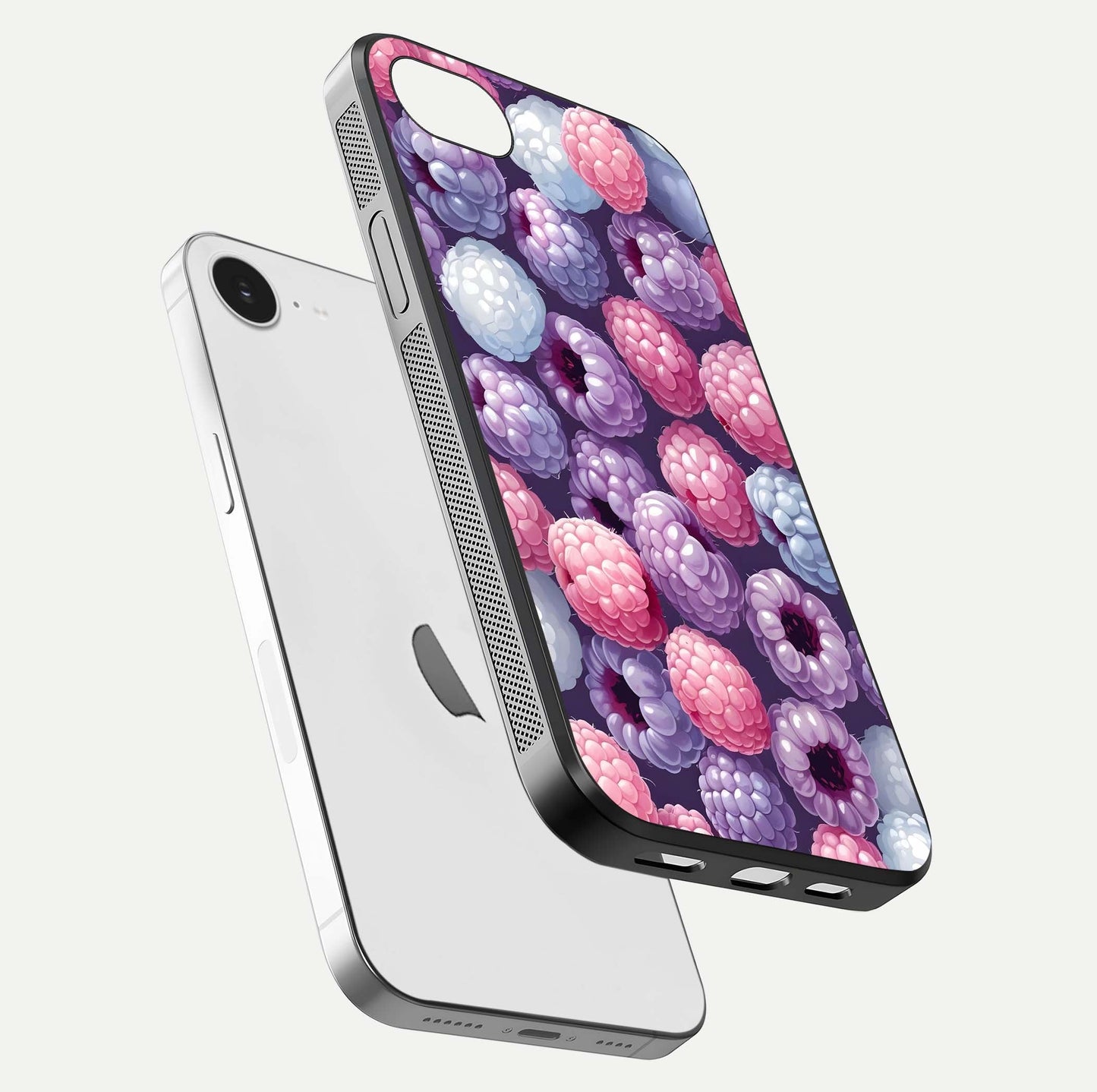 Berry Candy Pop Glass Case for iPhone 16e floating dual-view mockup highlighting gloss shine and curved edges