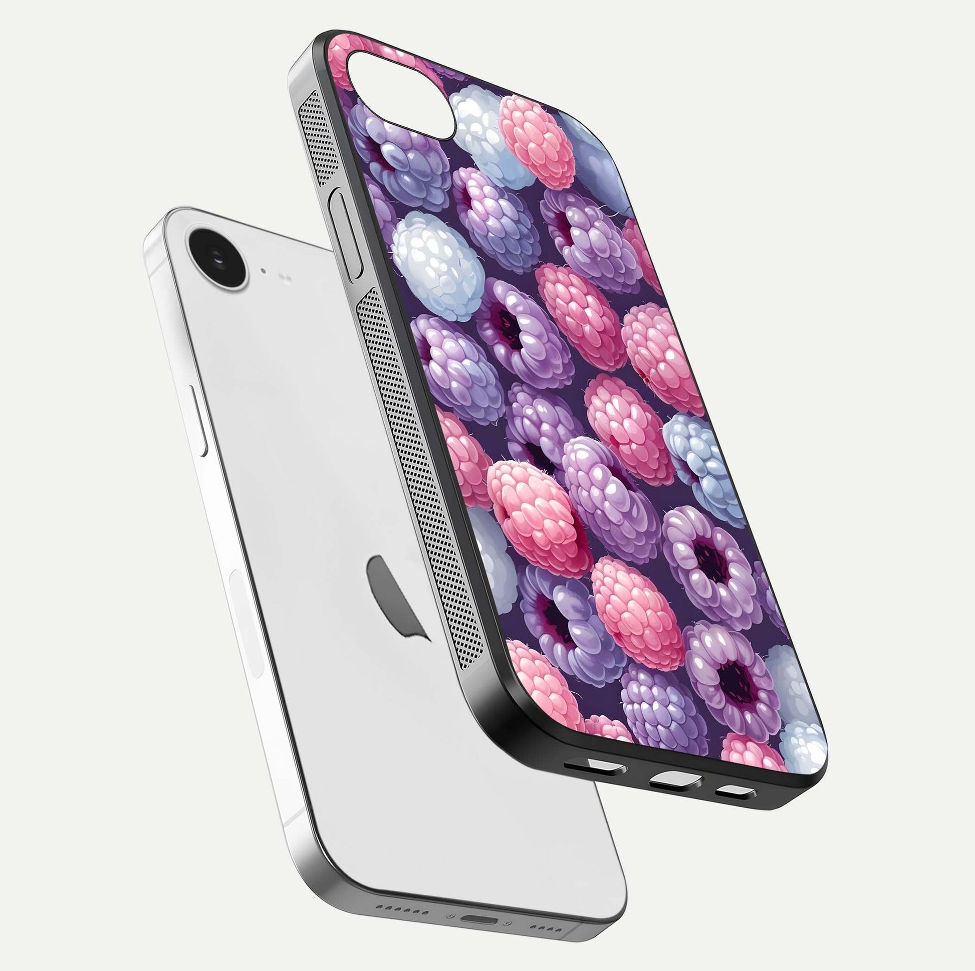 Berry Candy Pop Glass Case for iPhone 16e floating dual-view mockup highlighting gloss shine and curved edges