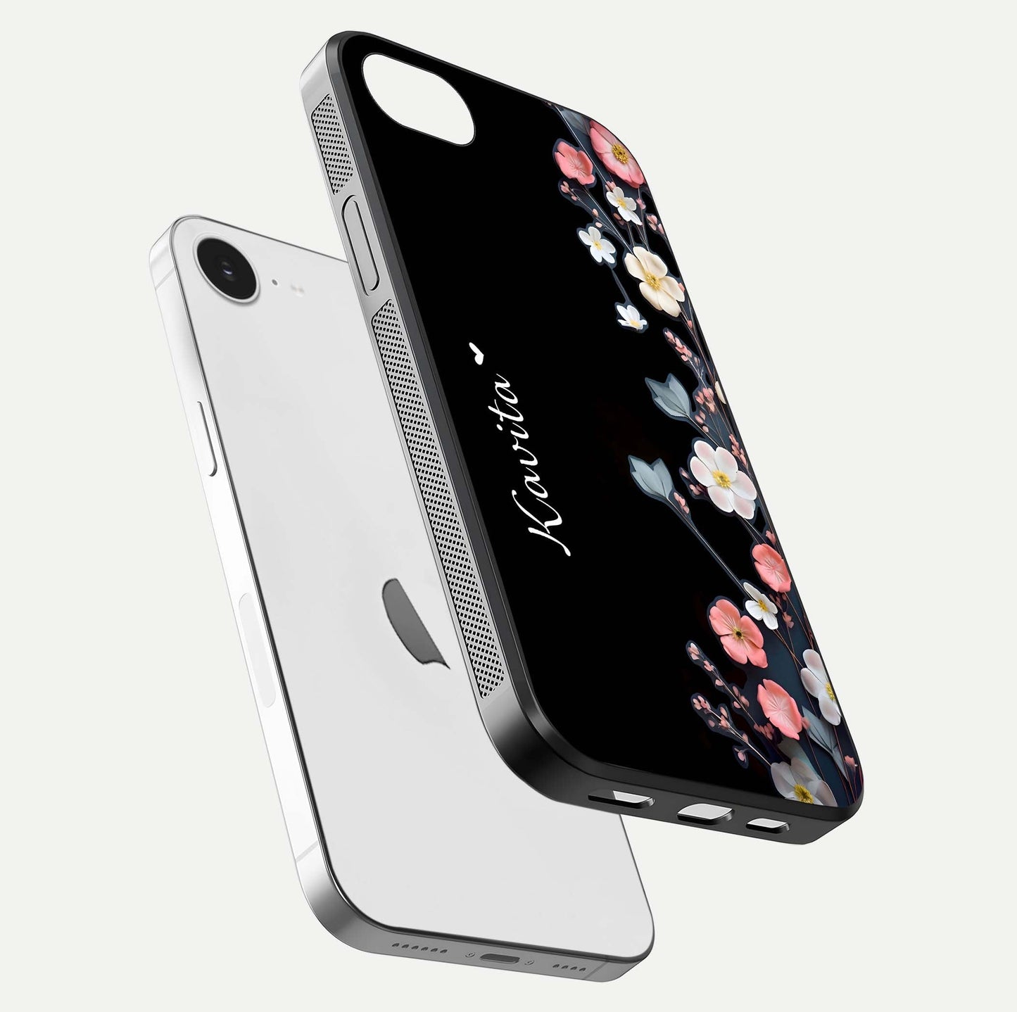 Black Elegance Floral Custom Name Glass Case for iPhone 16e floating mockup emphasizing premium shine and floral art