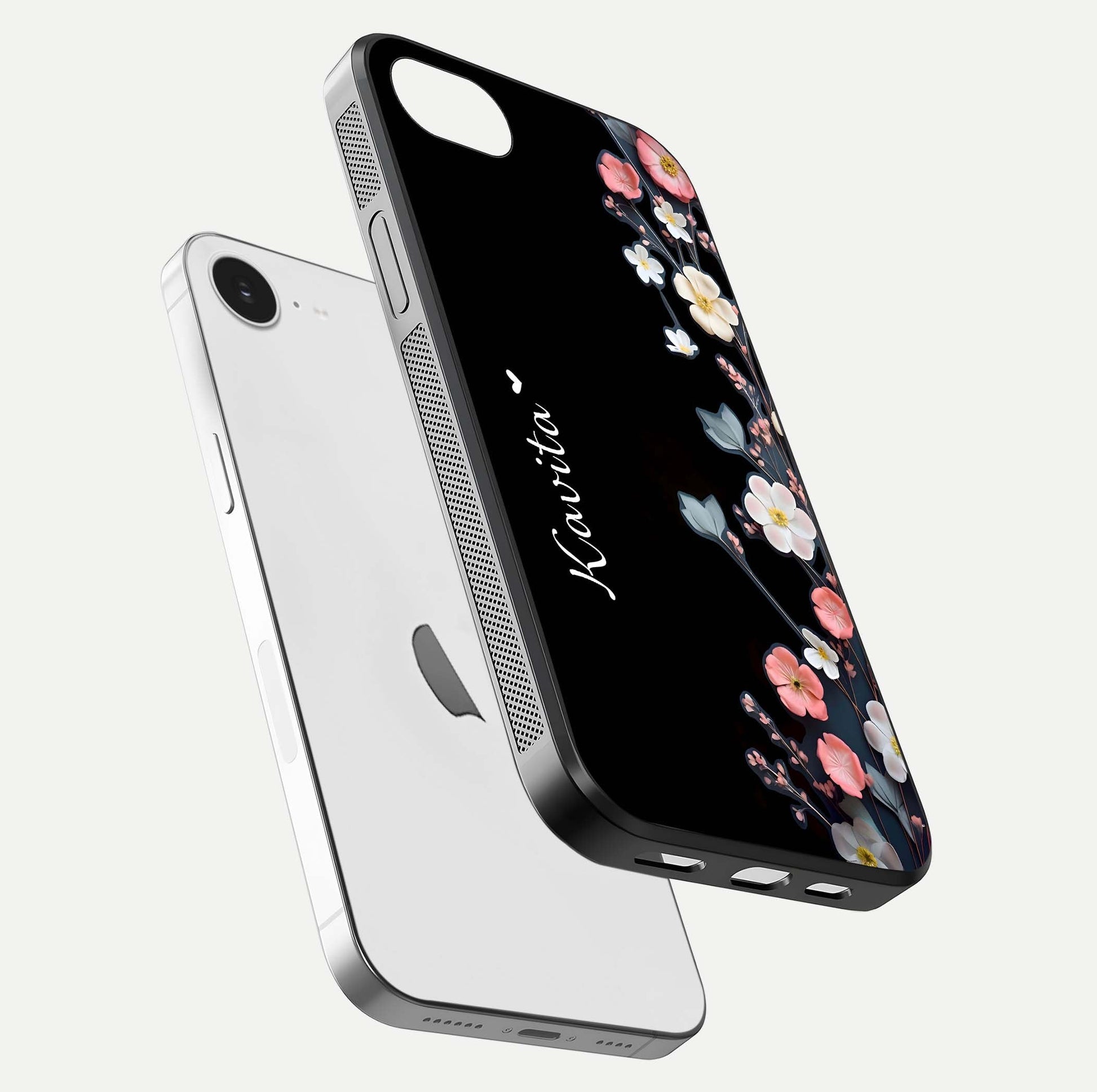 Black Elegance Floral Custom Name Glass Case for iPhone 16e floating mockup emphasizing premium shine and floral art