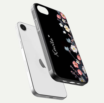 Black Elegance Floral Custom Name Glass Case for iPhone 16e floating mockup emphasizing premium shine and floral art