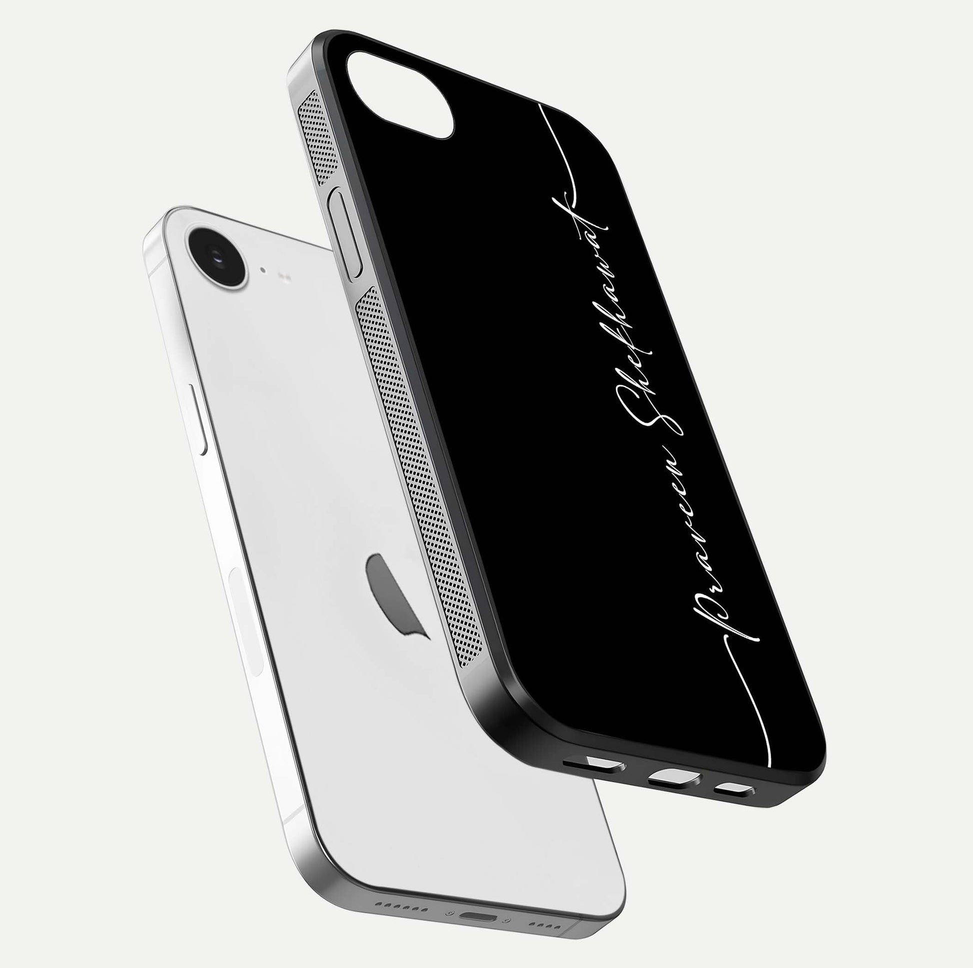Black Tune Custom Name Glass Case for iPhone 16e floating dual-view mockup emphasizing modern glossy texture