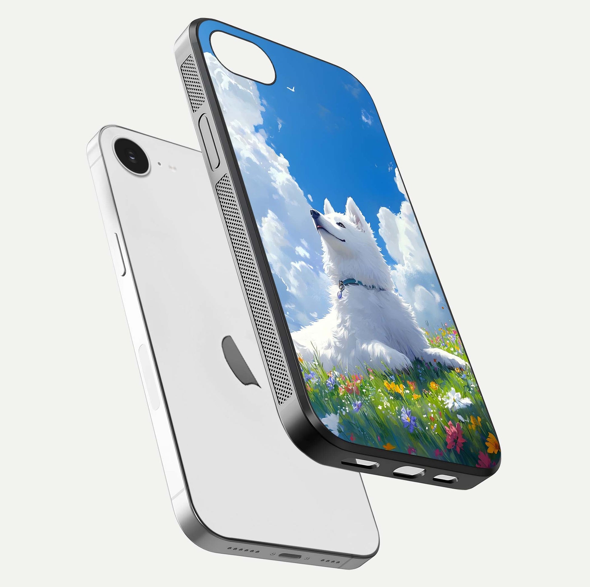 Blissful Cloud Pup Glass Case for iPhone 16e floating mockup capturing playful aesthetic and gloss finish