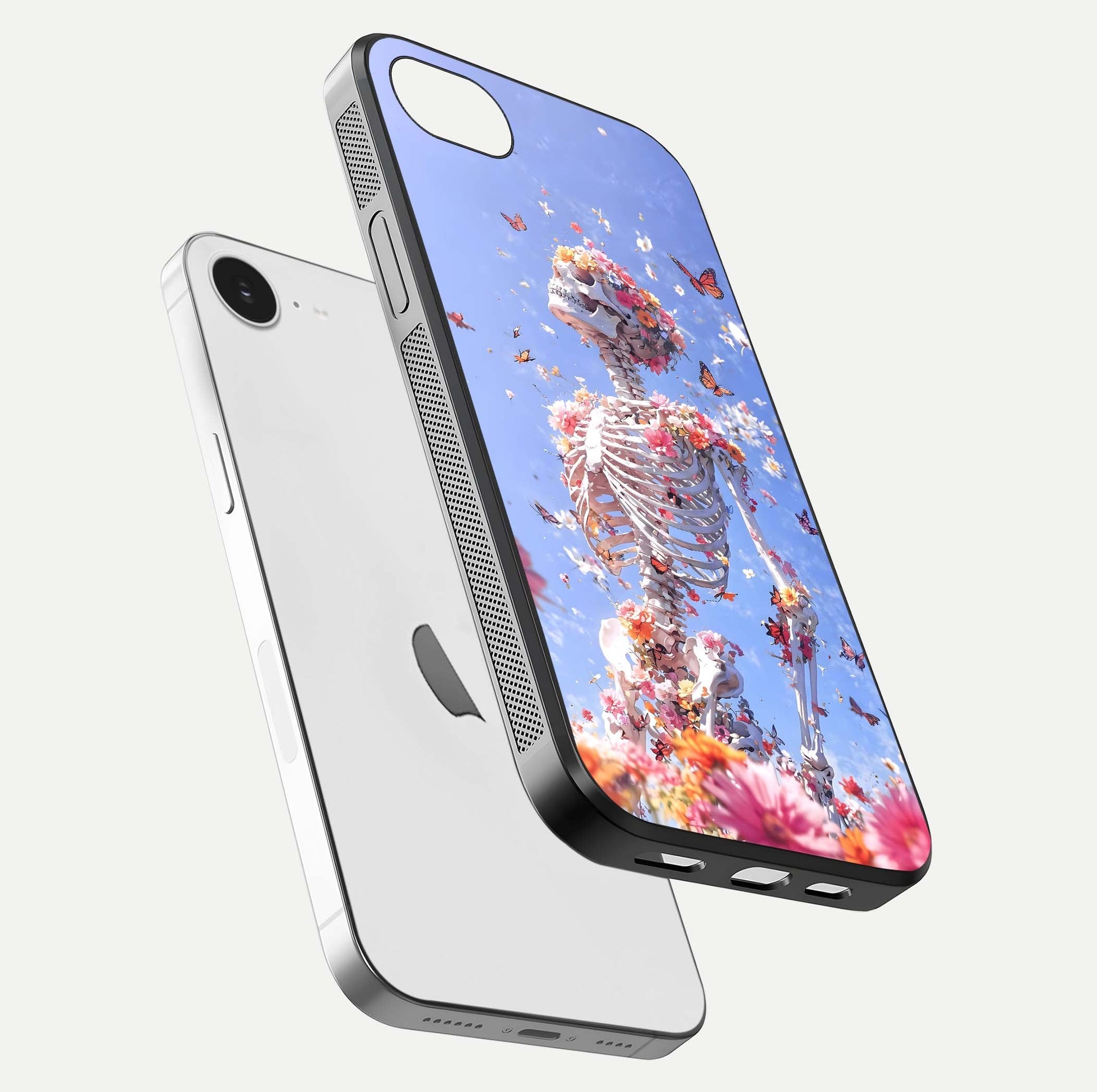 Bloom Beyond Bones Glass Case for iPhone 16e floating mockup displaying shine, texture, and gloss detail