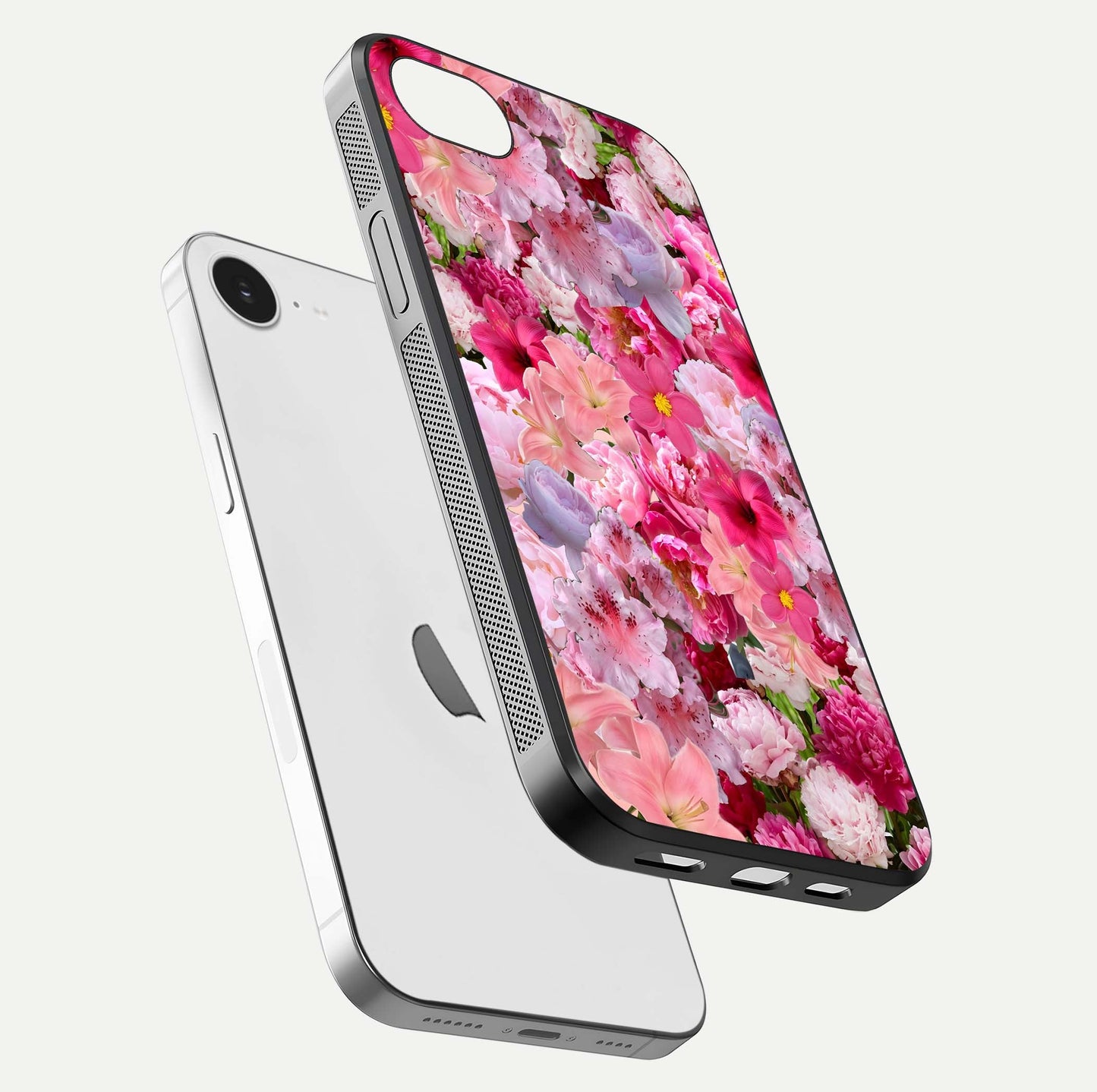 Bloom Crush Fantasy Glass Case for iPhone 16e floating mockup showing floral pattern clarity and HD glass