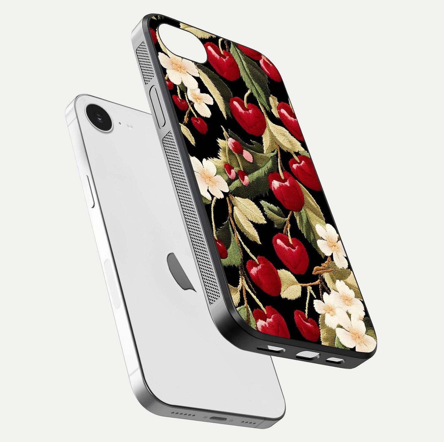 Bloom Thread Art Glass Case for iPhone 16e floating mockup showing premium reflection and stitched art vibe
