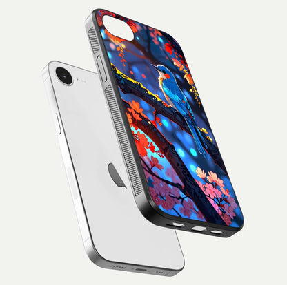 Blooming Spendor Bird Glass Case for iPhone 16e floating dual-mockup capturing gloss tone and curved texture