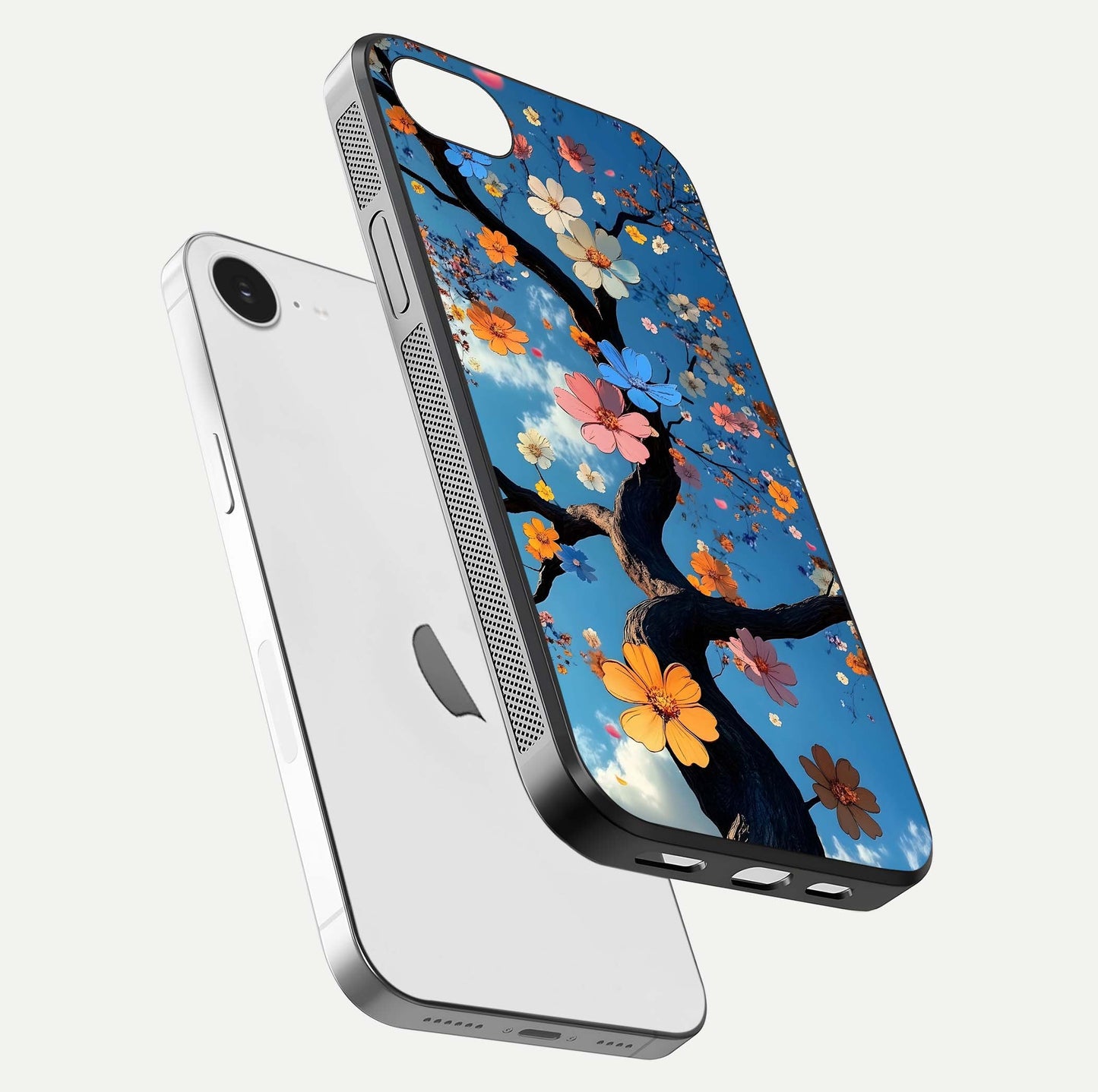 Blossom Dream Sky Glass Case for iPhone 16e floating dual-mockup displaying smooth finish and elegant sky tones