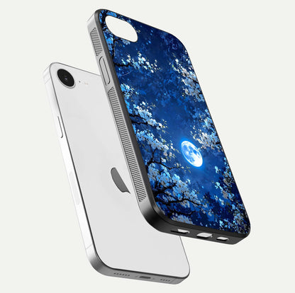 Blossom Moonlight Sky Glass Case for iPhone 16e floating mockup showing glowing moon accent and HD gloss texture