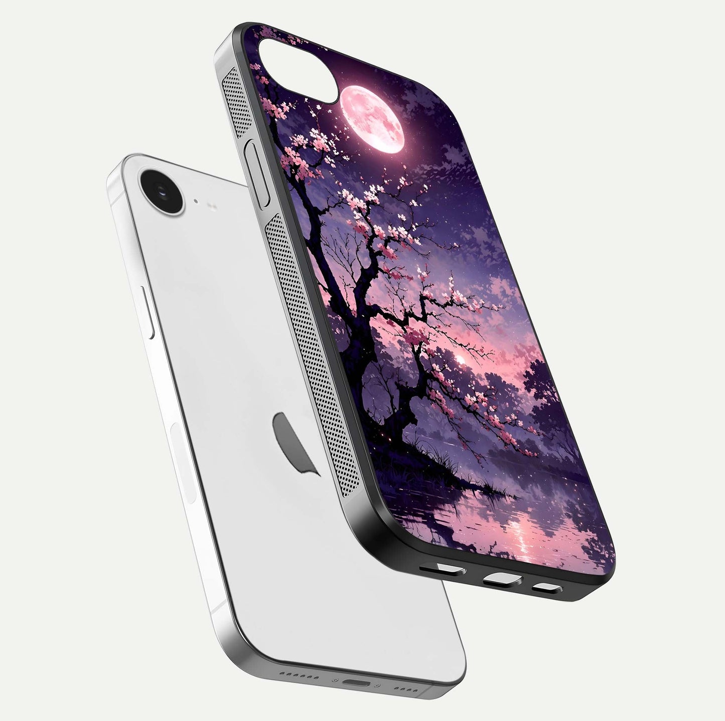 Blossom Pink Moon Glass Case for iPhone 16e floating mockup emphasizing dreamy pink moon aura and smooth finish