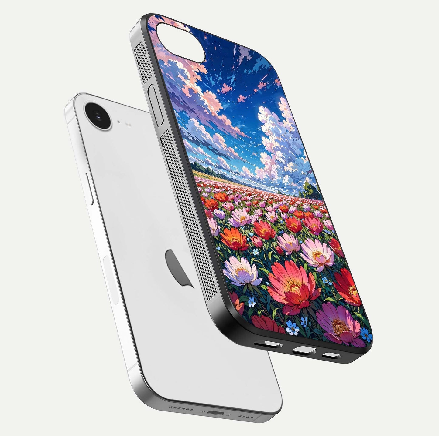 Blossom Sky Field Glass Case for iPhone 16e floating mockup displaying sky bloom concept with smooth finish