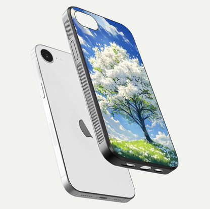 Blossom Sky Serenity Glass Case for iPhone 16e floating mockup capturing gloss surface and tranquil design