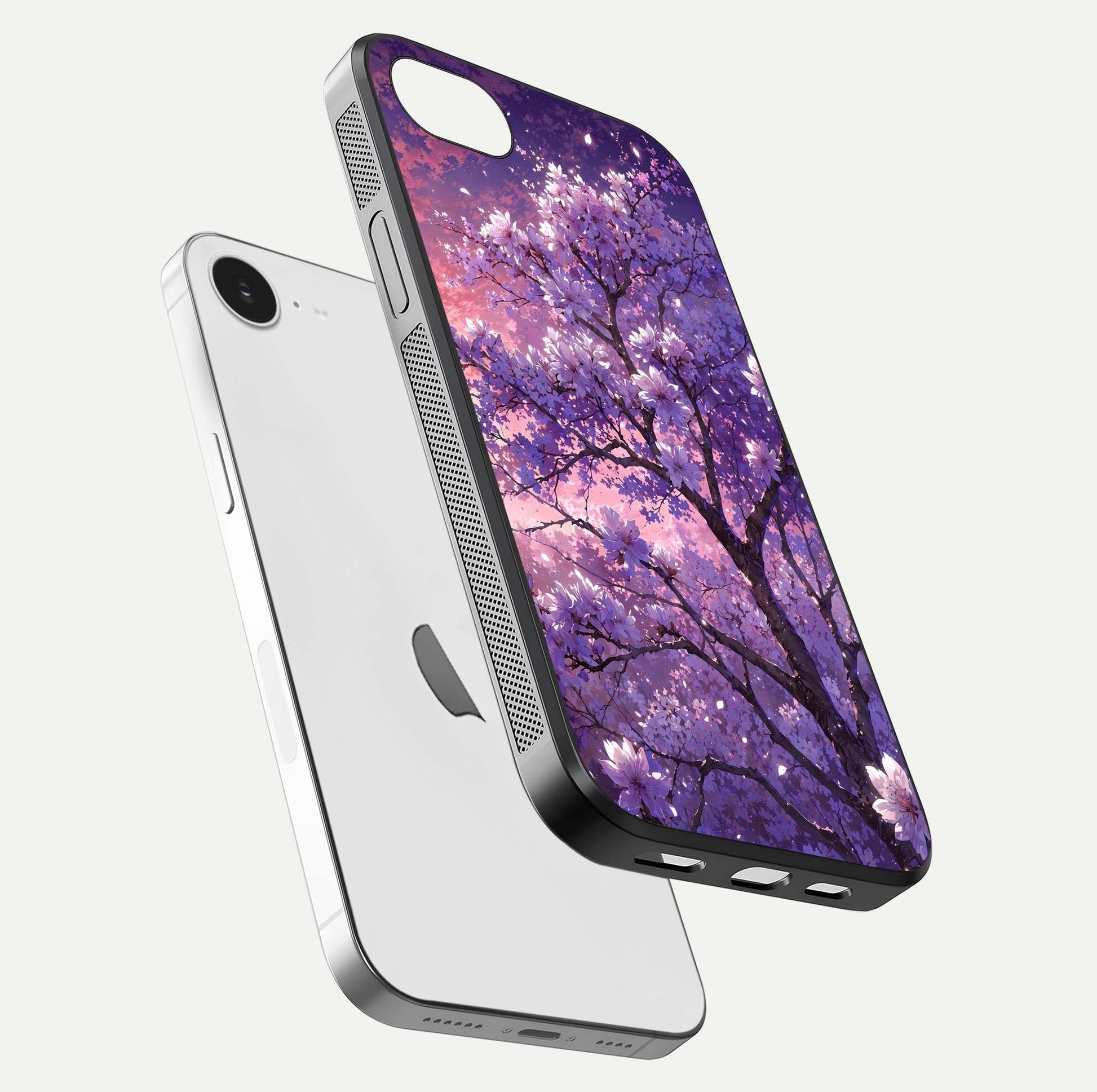 Blossom Tree Glass Case for iPhone 16e floating dual-mockup displaying texture detail and curved edges
