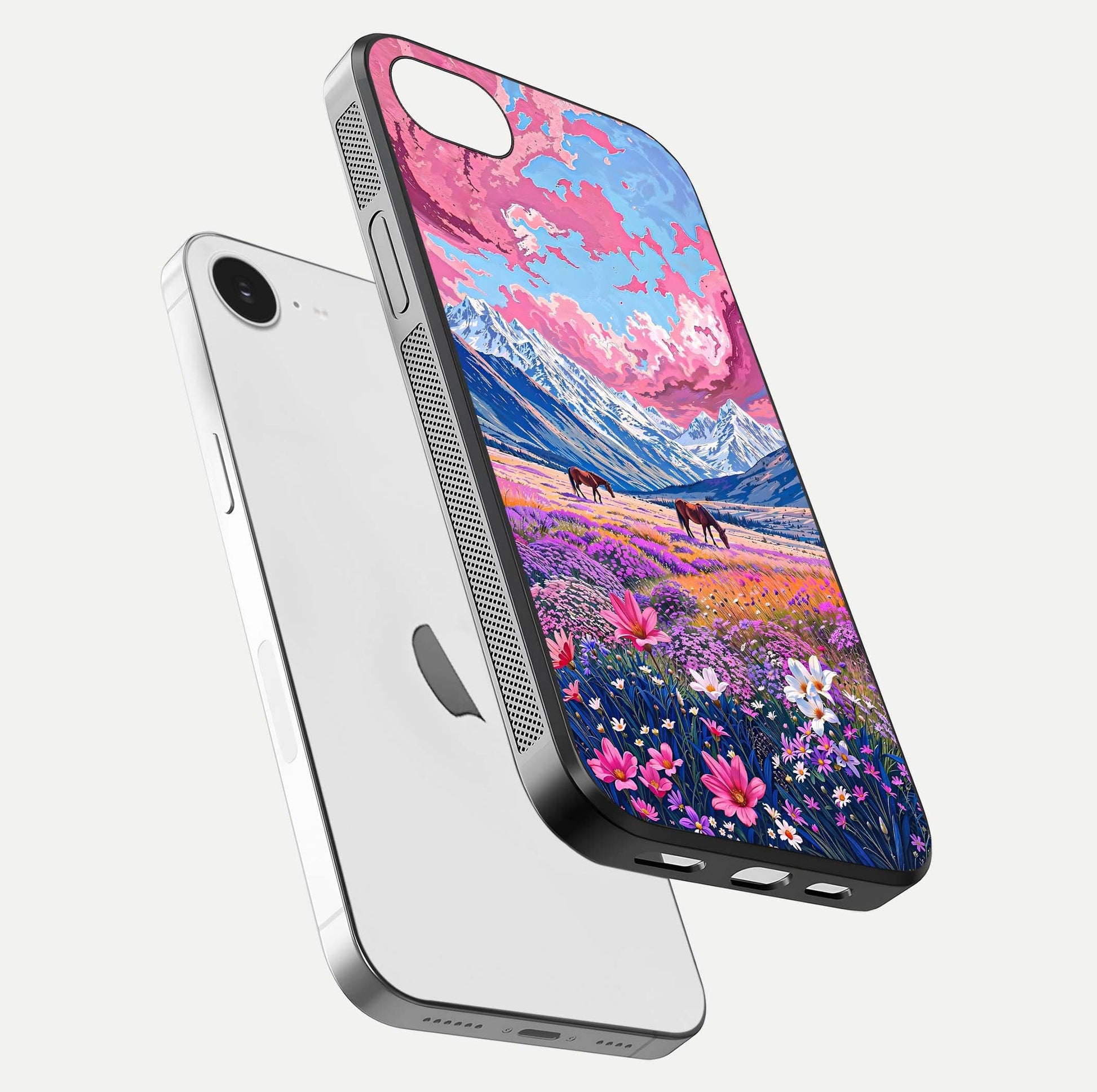 Blossom Valley Dream Glass Case for iPhone 16e floating mockup showing floral valley blend and reflective surface