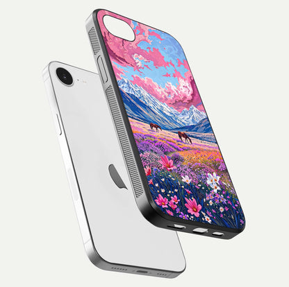 Blossom Valley Dream Glass Case for iPhone 16e floating mockup showing floral valley blend and reflective surface