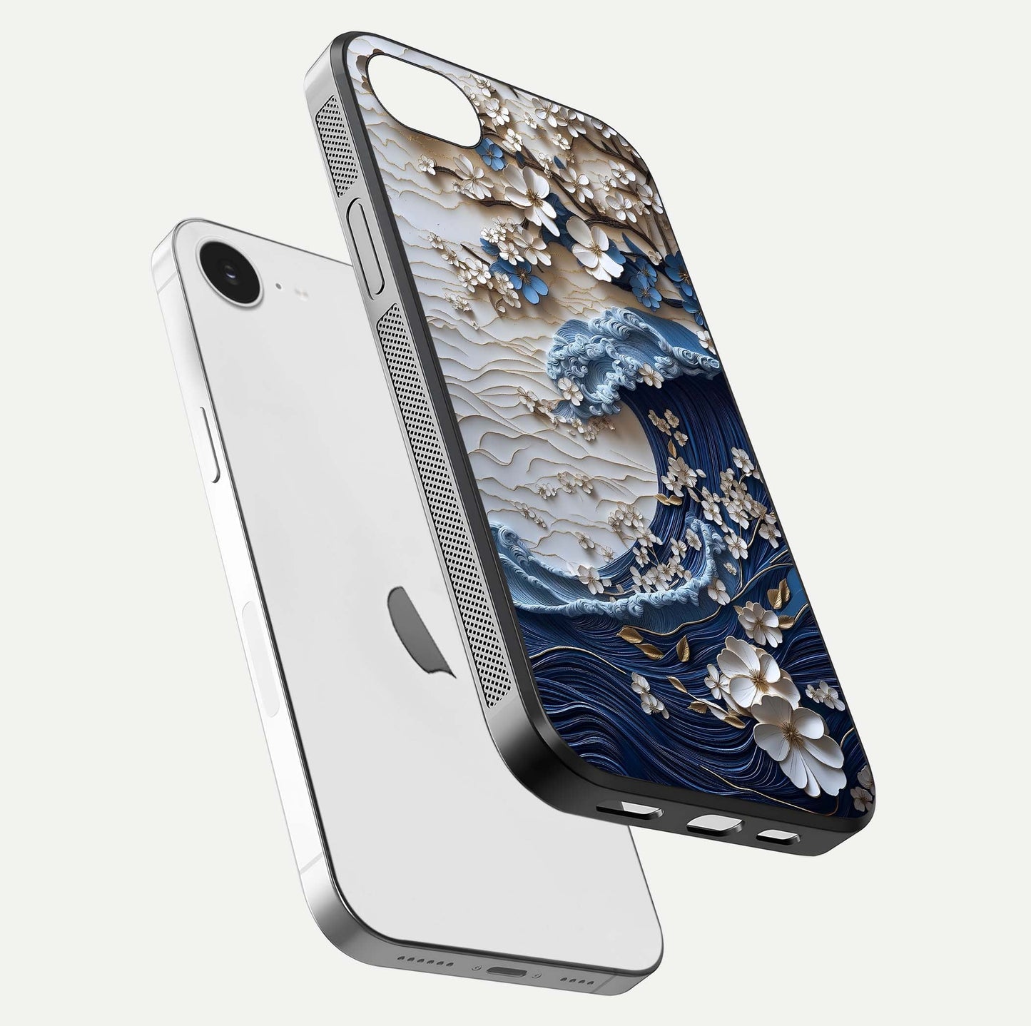 Blossom Wave Art Glass Case for iPhone 16e floating mockup displaying pattern details and reflective shine