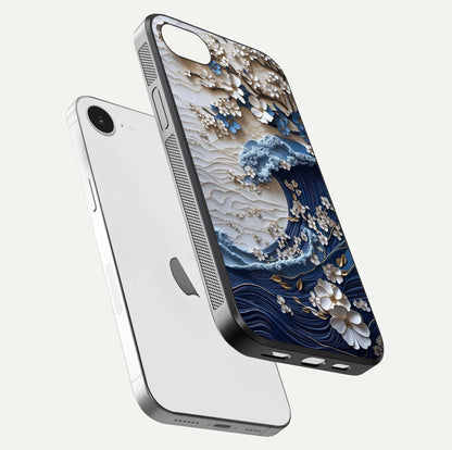 Blossom Wave Art Glass Case for iPhone 16e floating mockup displaying pattern details and reflective shine