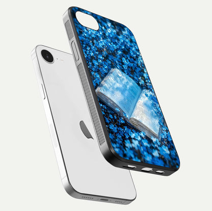 Blue Bloom Tales Glass Case for iPhone 16e floating mockup showing detailed bloom and reflective surface