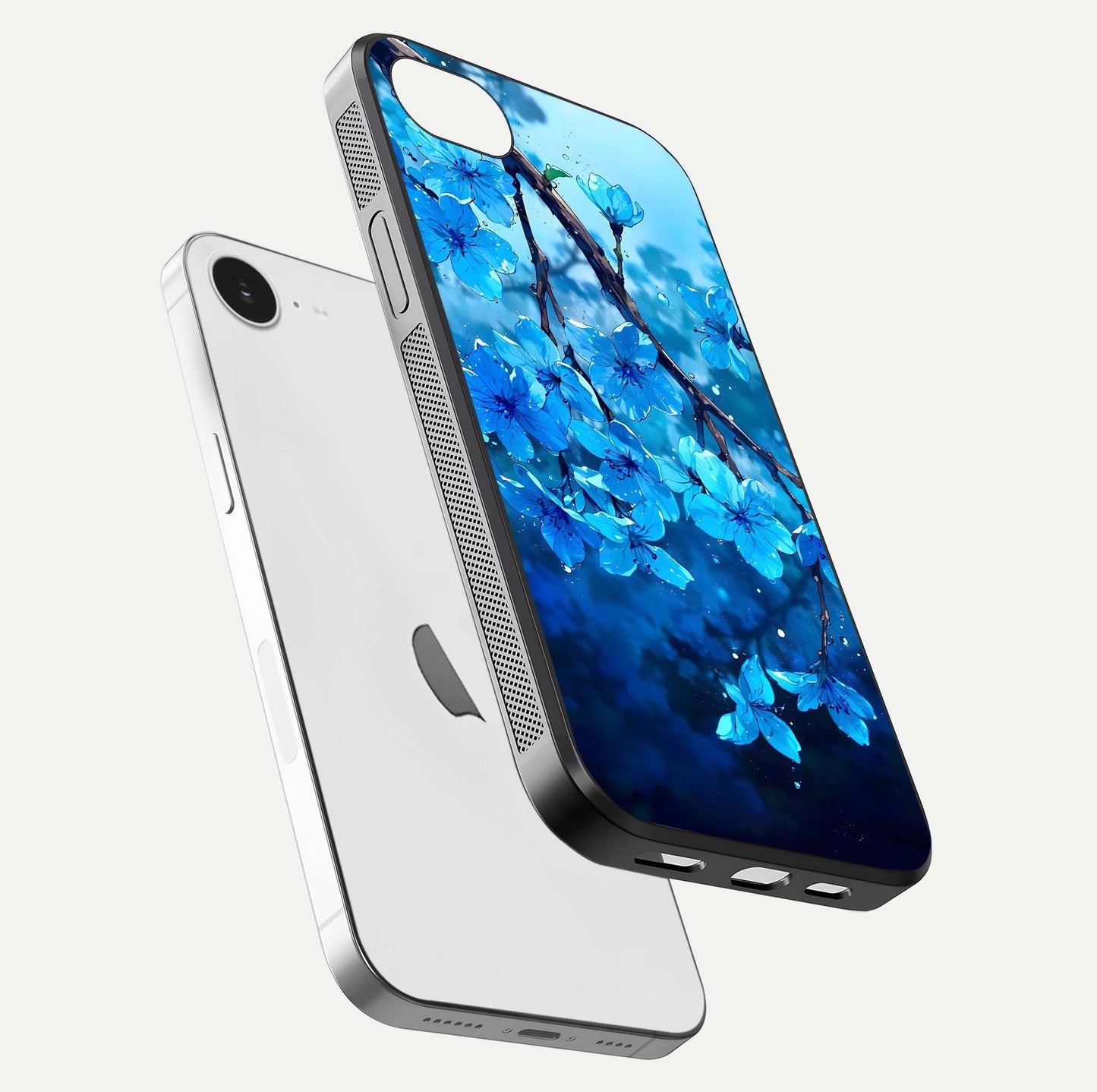 Blue Blossoms Branch Glass Case for iPhone 16e floating mockup showing shine, curved edges, and branch detailing