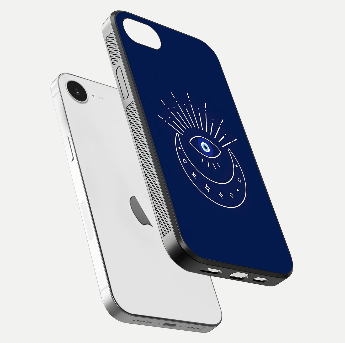 Blue Evil Eye Glass Case for iPhone 16e floating mockup displaying glossy protection and spiritual artwork