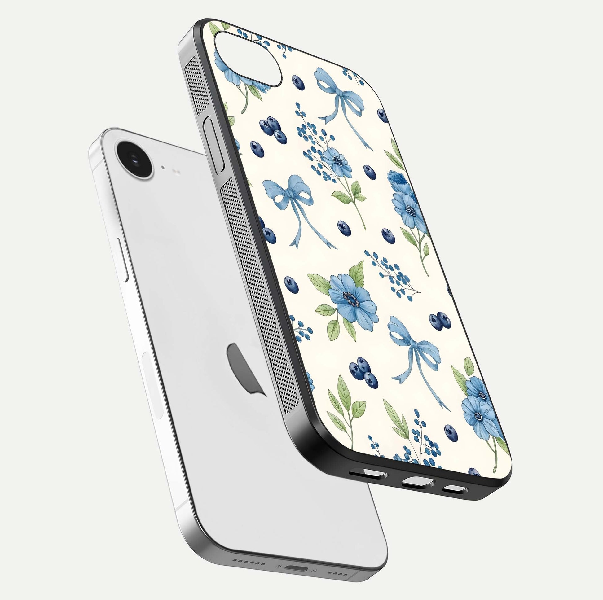 Blue Flower & Bow Glass Case for iPhone 16e floating mockup capturing gloss reflection and girly aesthetic