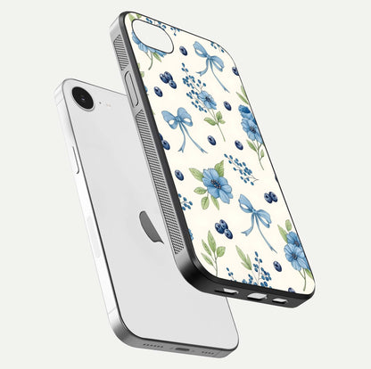 Blue Flower & Bow Glass Case for iPhone 16e floating mockup capturing gloss reflection and girly aesthetic