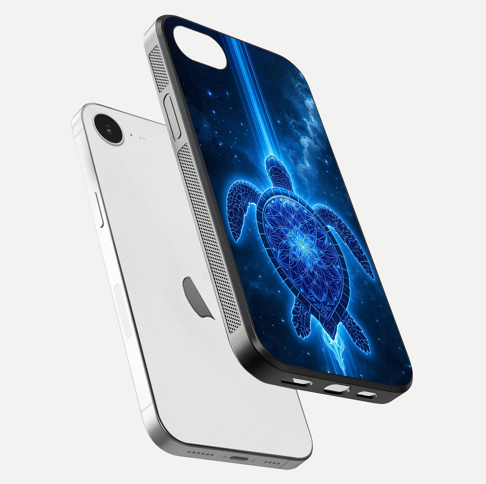 Blue Galaxy Turtle Glass Case for iPhone 16e floating dual-mockup showing gloss depth and color transitions