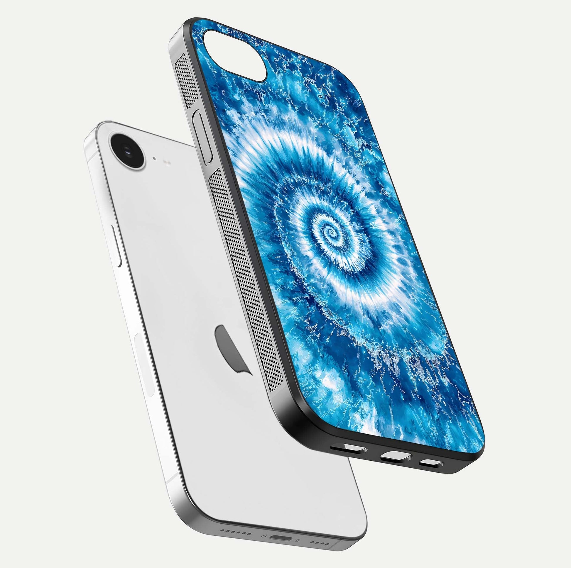 Blue Galaxy Wave Glass Case for iPhone 16e floating mockup revealing cosmic depth and curved-edge texture