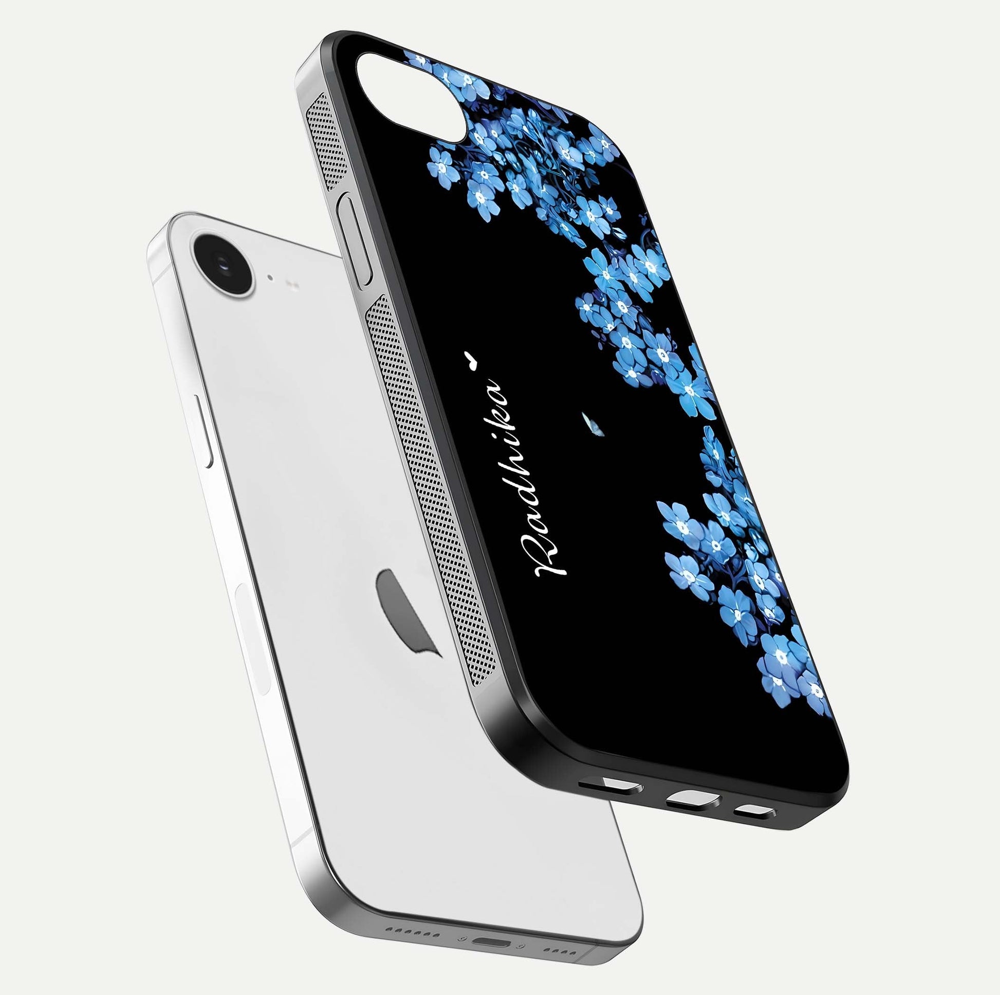 Blue Petal Dream Custom Name Glass Case for iPhone 16e floating mockup capturing floral tones and glass shine