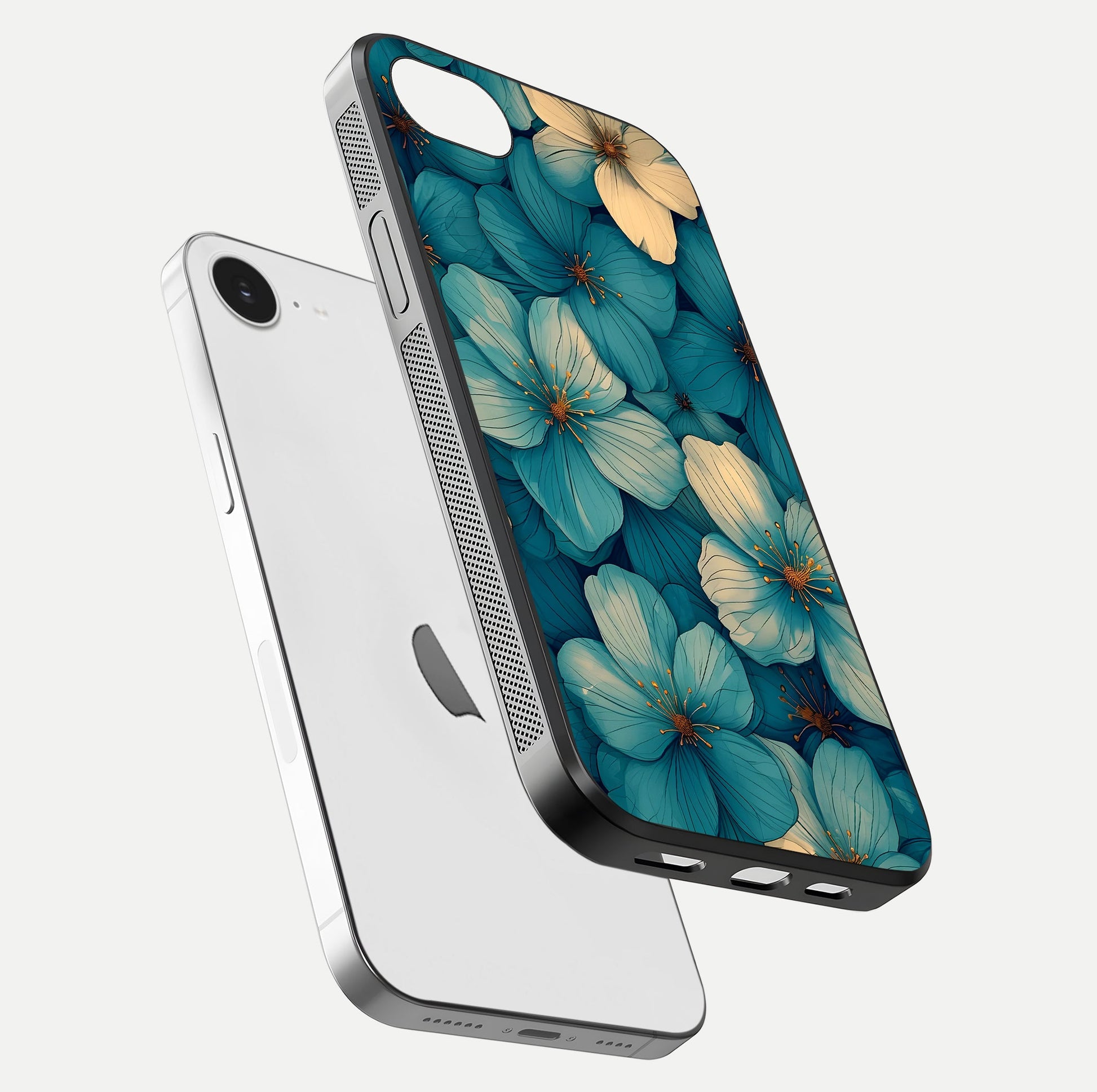 Blue Shade Floral Glass Case for iPhone 16e floating mockup revealing gloss highlight and floral depth