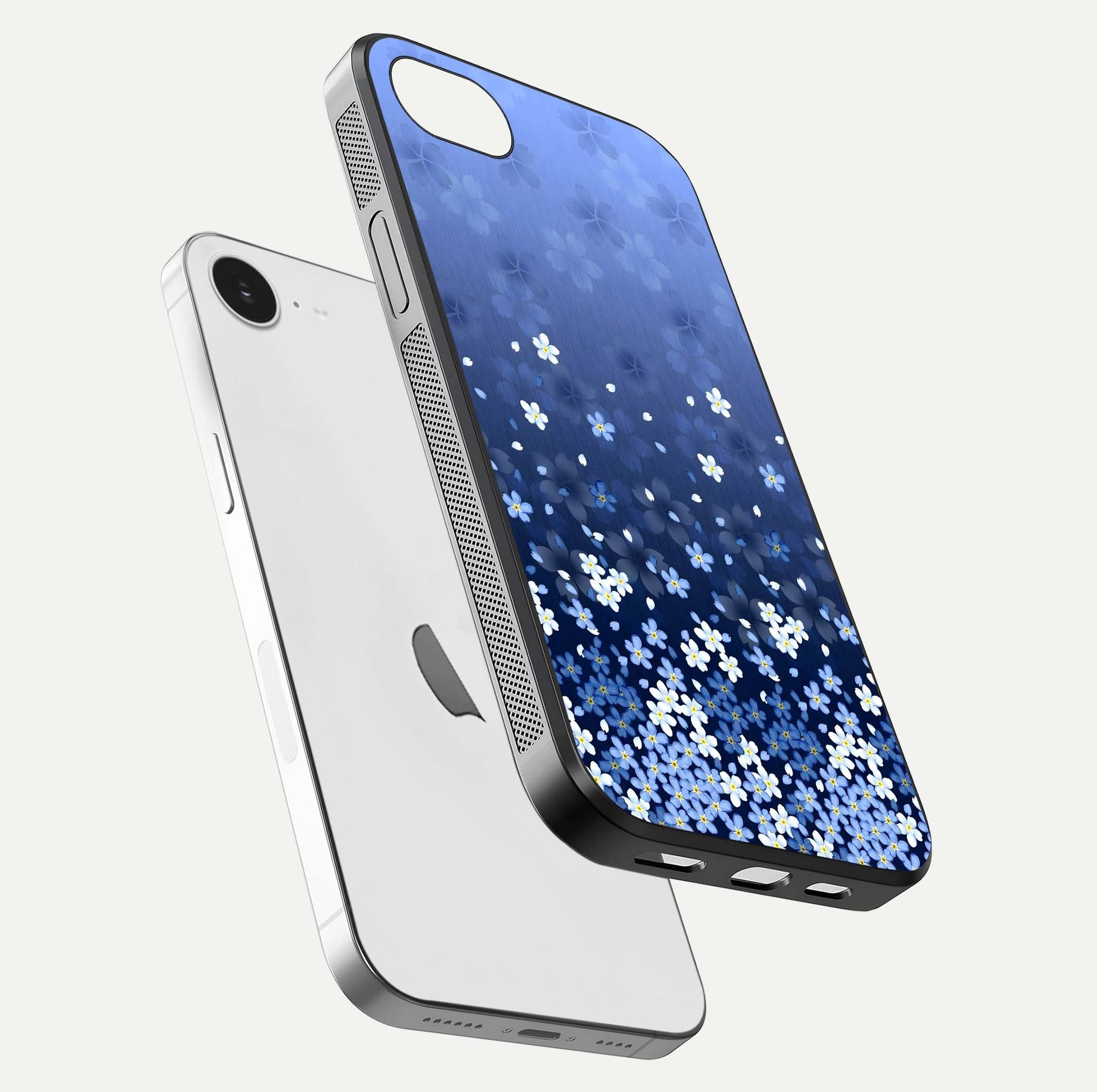 Blue Starry Glass Case for iPhone 16e floating mockup capturing cosmic tone and HD gloss texture