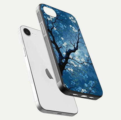 Blue Tree Serenity Glass Case for iPhone 16e floating mockup displaying serene tones and HD glass polish