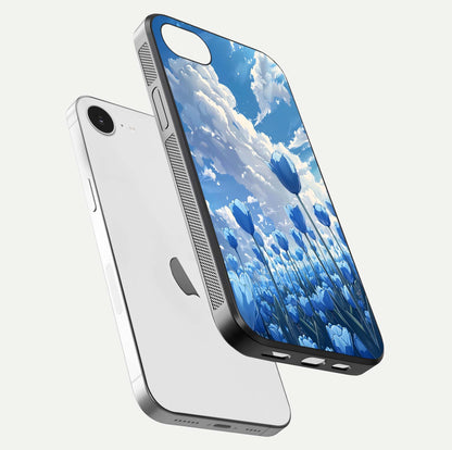 Blue Tulip Clouds Glass Case for iPhone 16e floating mockup displaying tulip-cloud fusion art and smooth glass gloss