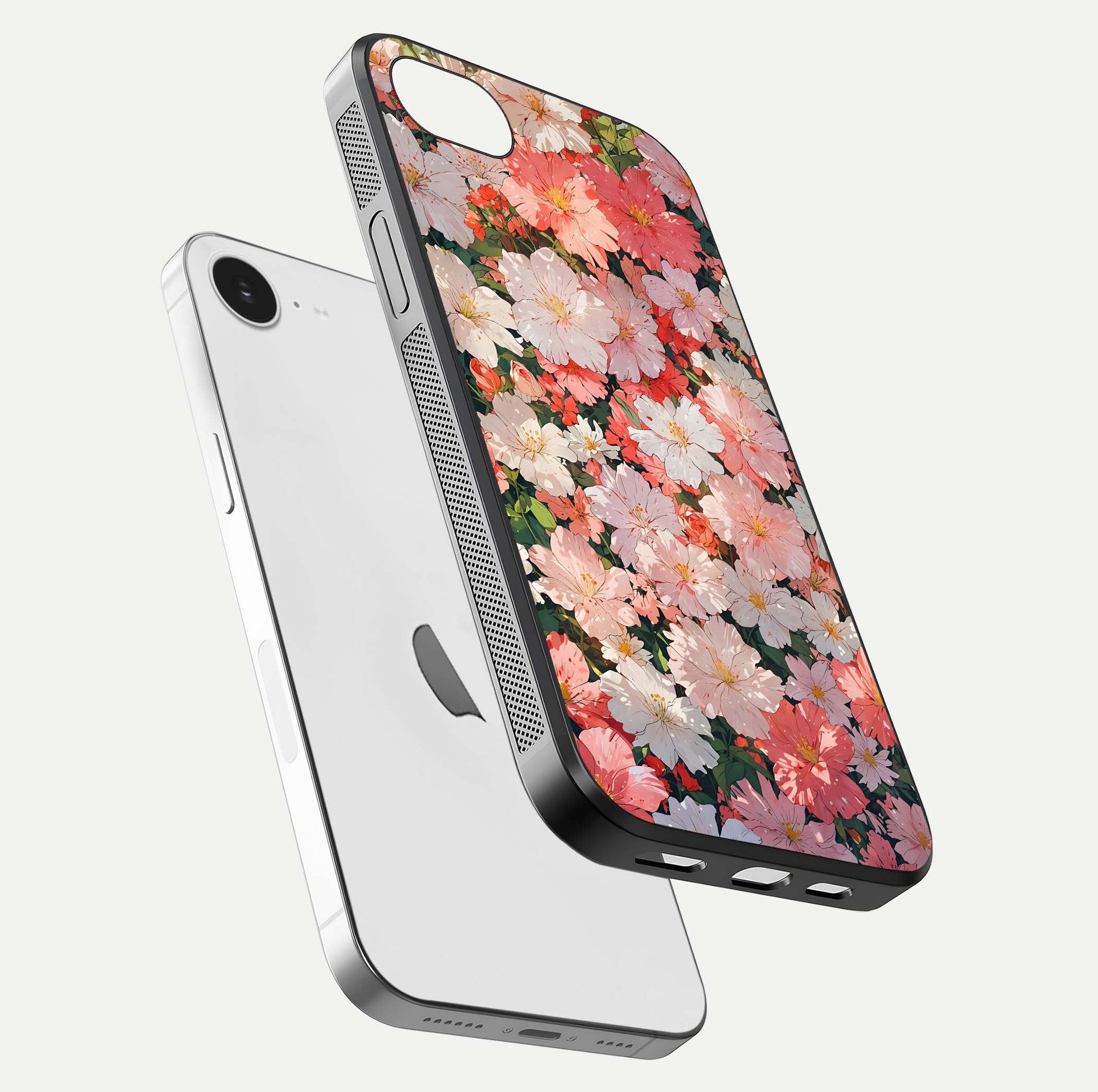 Blush Bloom Field Glass Case for iPhone 16e floating mockup highlighting floral spread and edge reflection