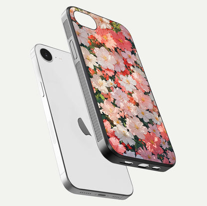 Blush Bloom Field Glass Case for iPhone 16e floating mockup highlighting floral spread and edge reflection