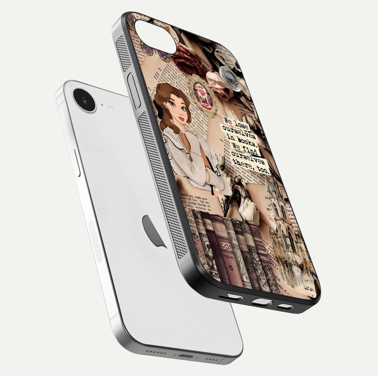 Bookish Dream World Glass Case for iPhone 16e floating mockup capturing gloss shine and artistic balance
