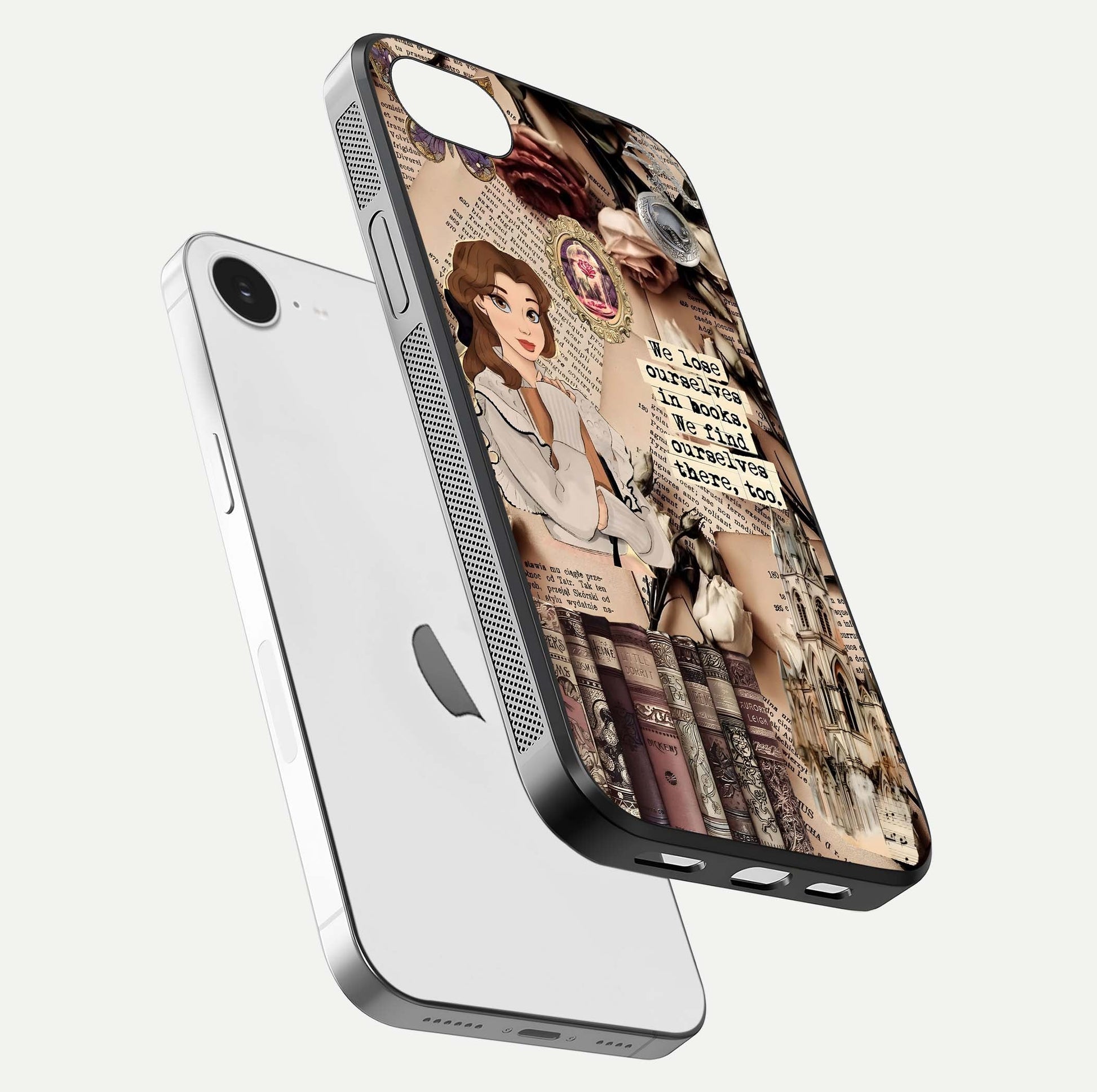 Bookish Dream World Glass Case for iPhone 16e floating mockup capturing gloss shine and artistic balance