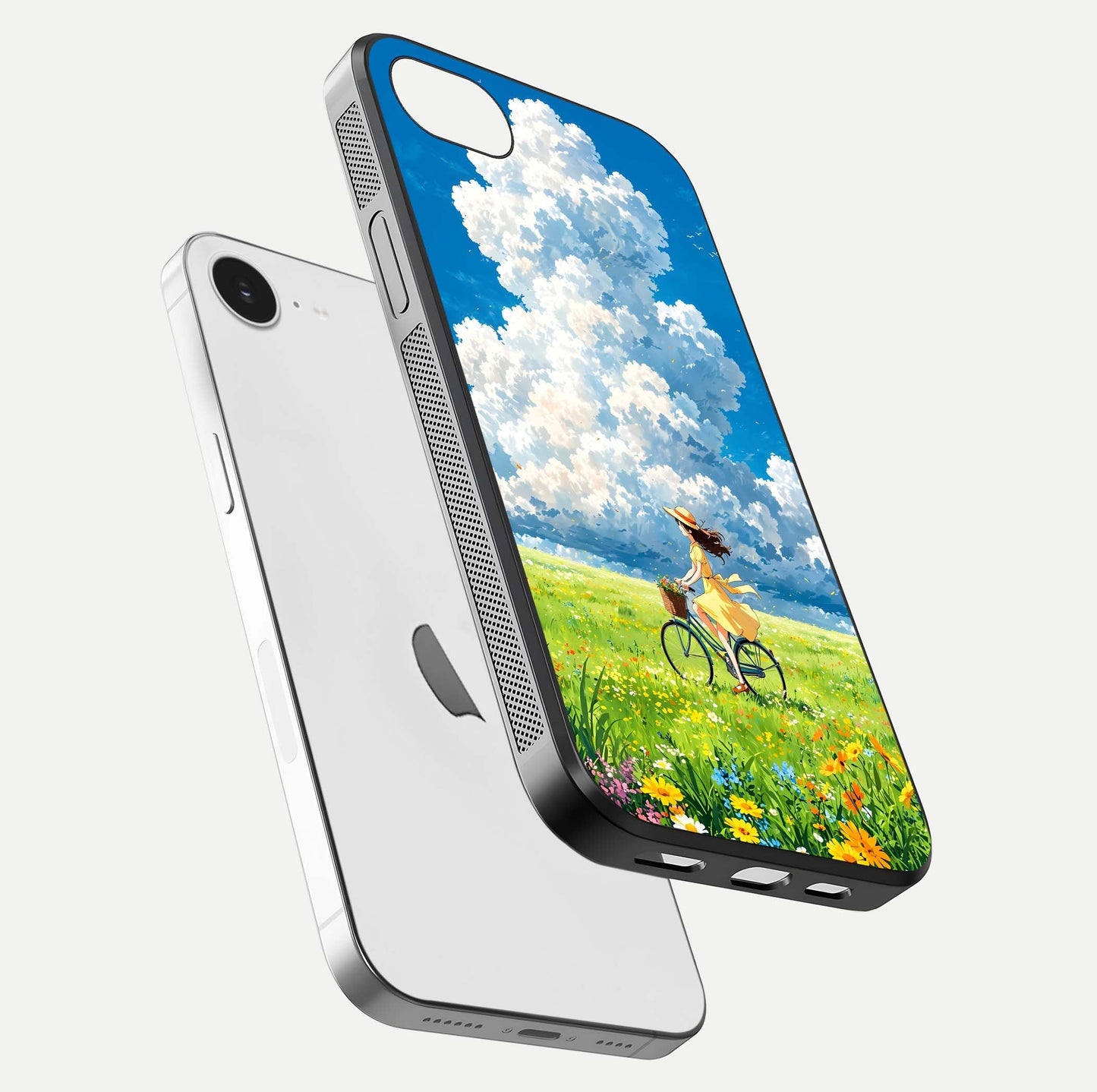 Breezy Meadow Ride Glass Case for iPhone 16e floating mockup capturing serene tones and smooth finish