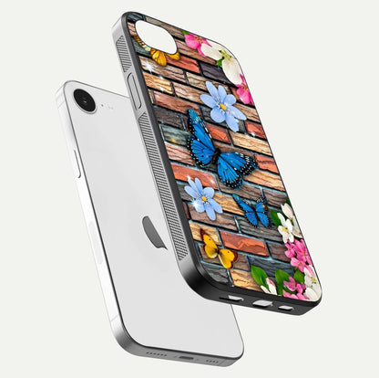 Brick Bloom Flight Glass Case for iPhone 16e floating mockup displaying gloss reflection and pattern vibrancy