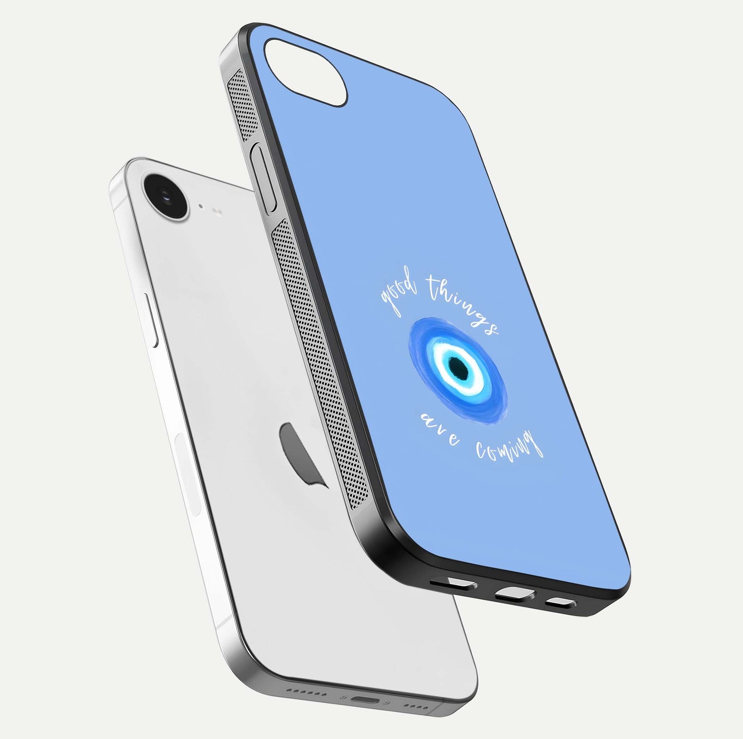 Bright Future Ahead Glass Case for iPhone 16e floating mockup showing sleek design and positive quote print